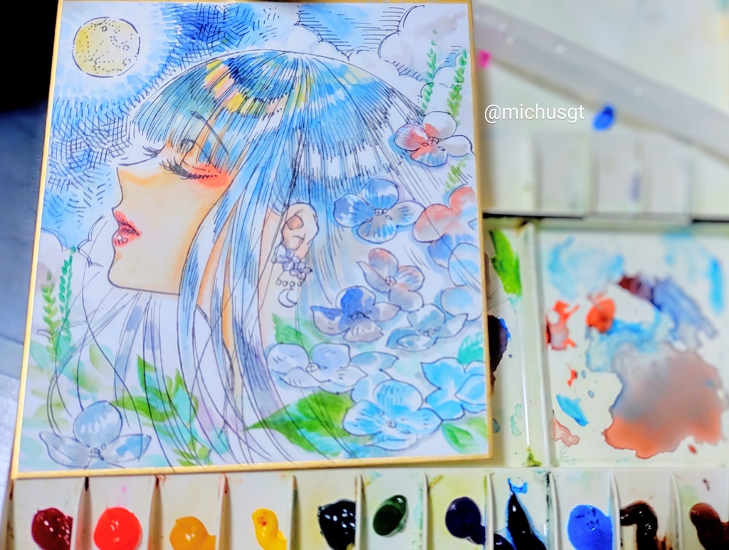 ご成約済【ミニ色紙原画】『紫陽花に月』透明水彩