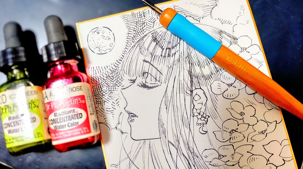 ご成約済【ミニ色紙原画】『紫陽花に月』透明水彩