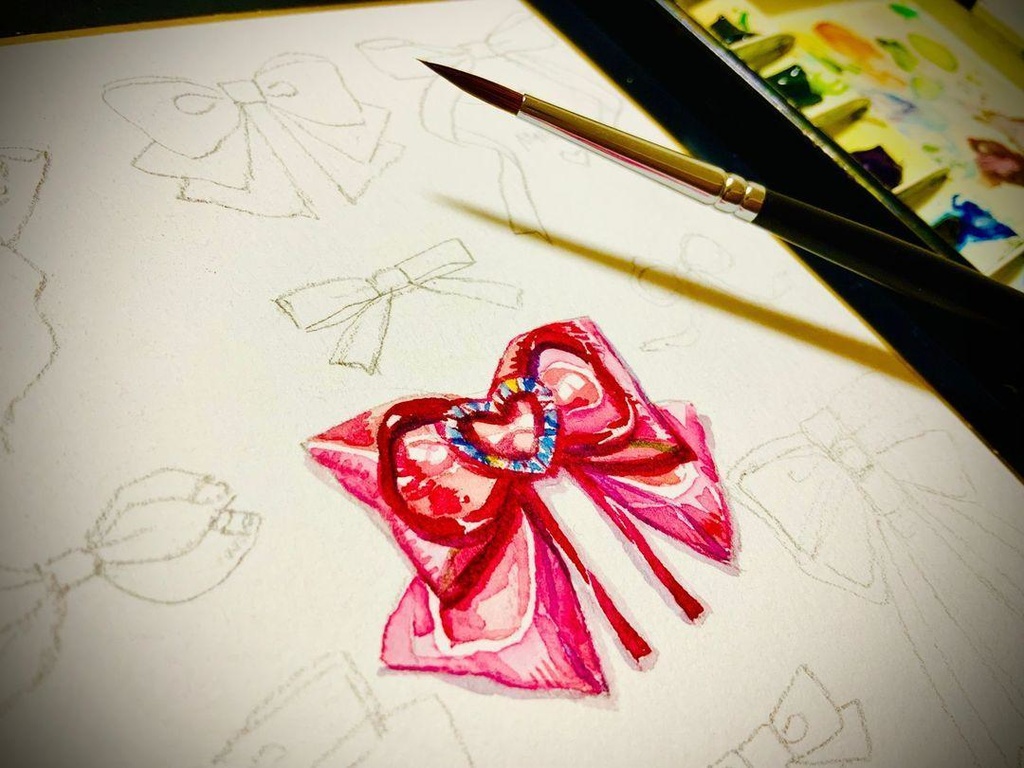 ご成約済【ミニ色紙原画】『リボン天國』透明水彩