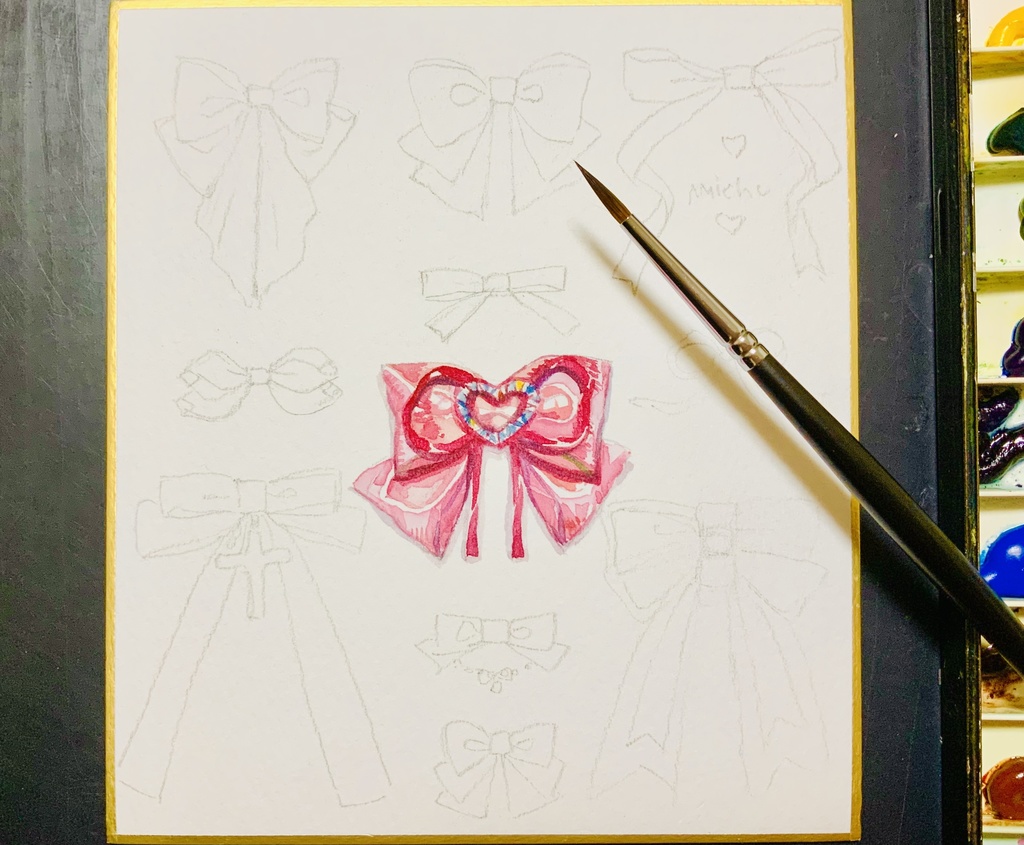 ご成約済【ミニ色紙原画】『リボン天國』透明水彩