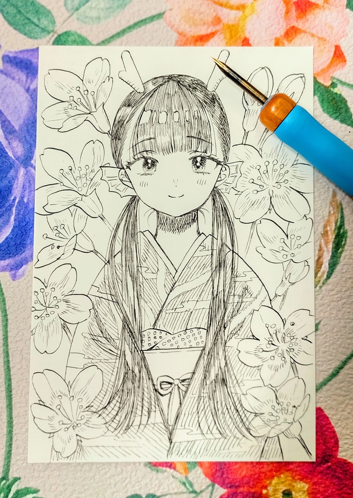 ご成約済【一点もの原画葉書】桜と辰の少女【コピック】