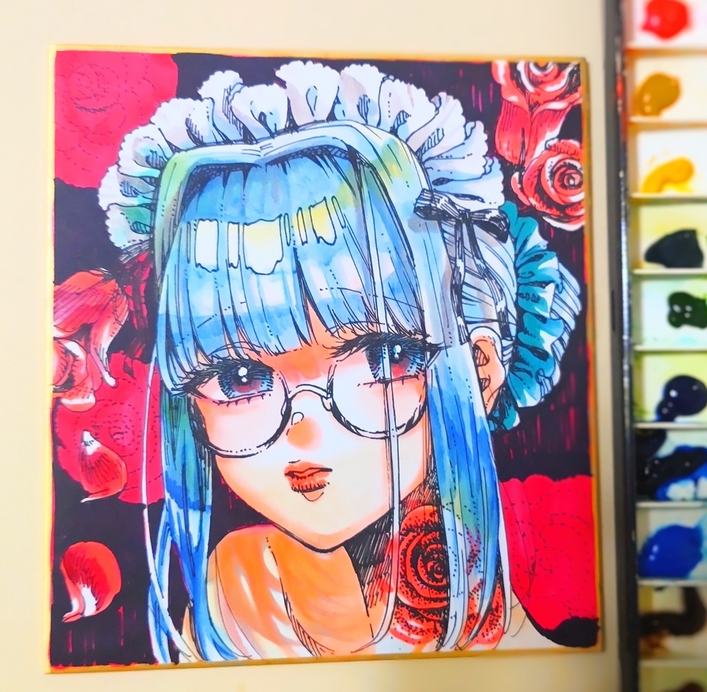 ご成約済【一点もの色紙原画】「薔薇メイドハイネ」【水彩コピック】