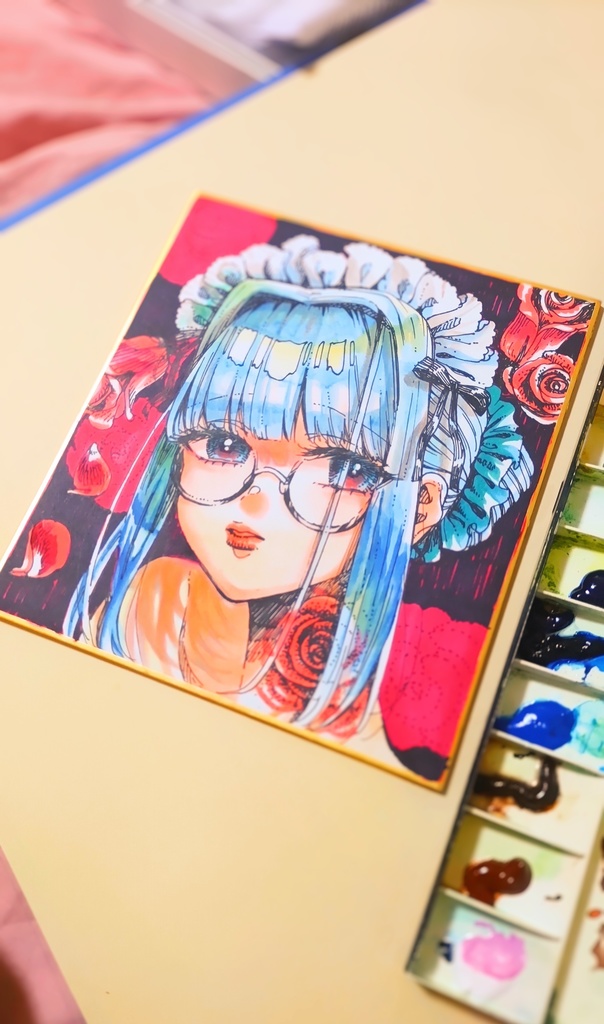 ご成約済【一点もの色紙原画】「薔薇メイドハイネ」【水彩コピック】