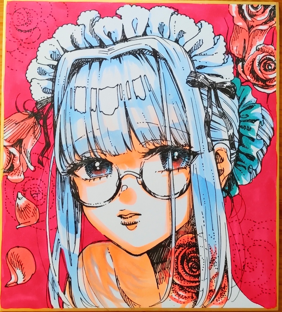 ご成約済【一点もの色紙原画】「薔薇メイドハイネ」【水彩コピック】