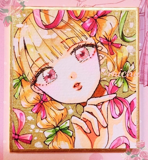 ご成約済【ミニ色紙】「クリスマスリボンの少女1」透明水彩色紙イラスト