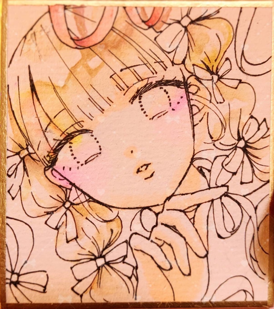 ご成約済【ミニ色紙】「クリスマスリボンの少女1」透明水彩色紙イラスト