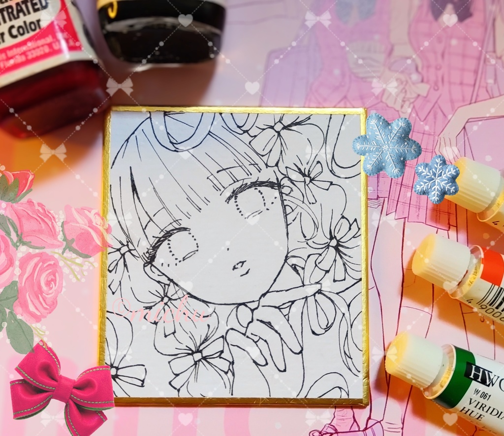 ご成約済【ミニ色紙】「クリスマスリボンの少女1」透明水彩色紙イラスト