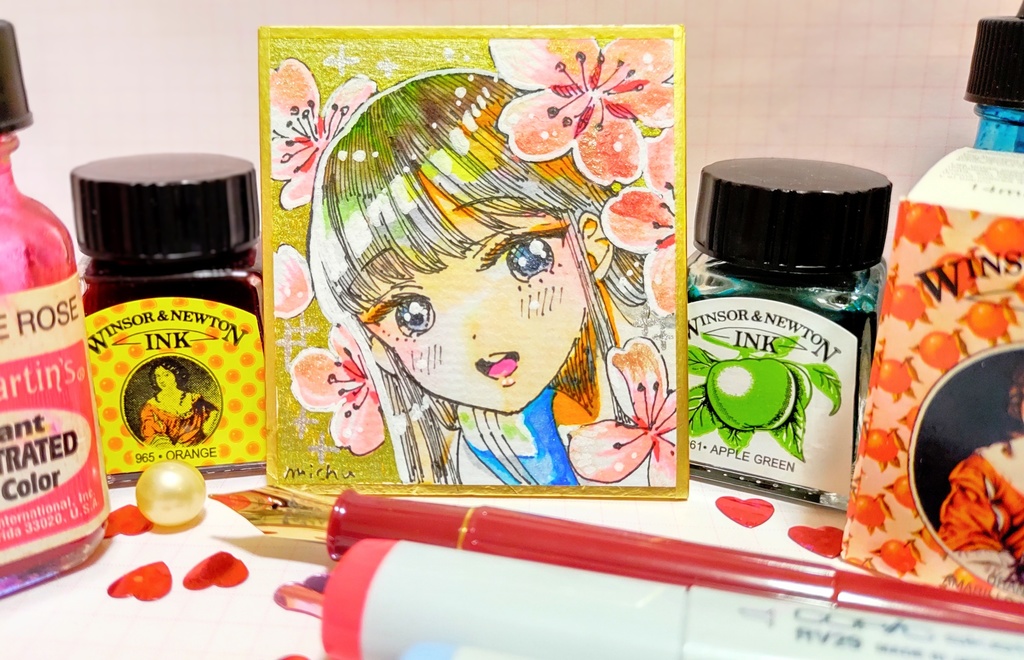 ご成約済「桜とセーラー少女」【ペン画水彩】