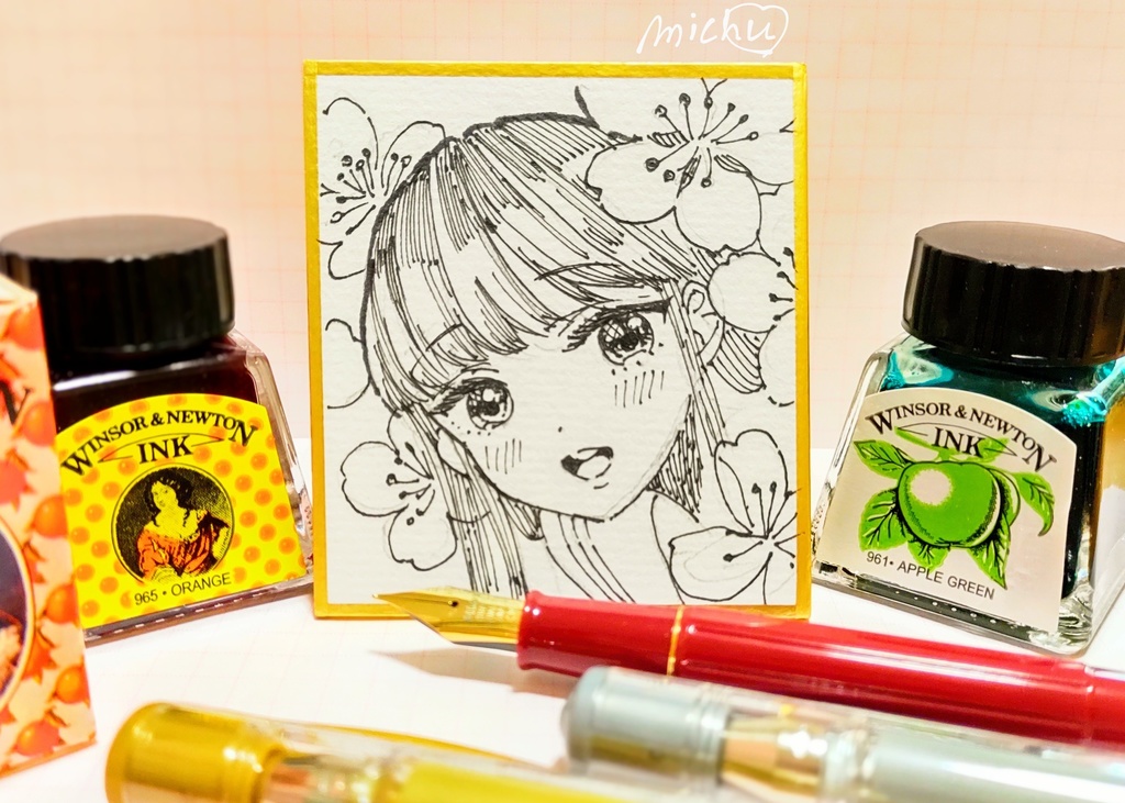 ご成約済「桜とセーラー少女」【ペン画水彩】