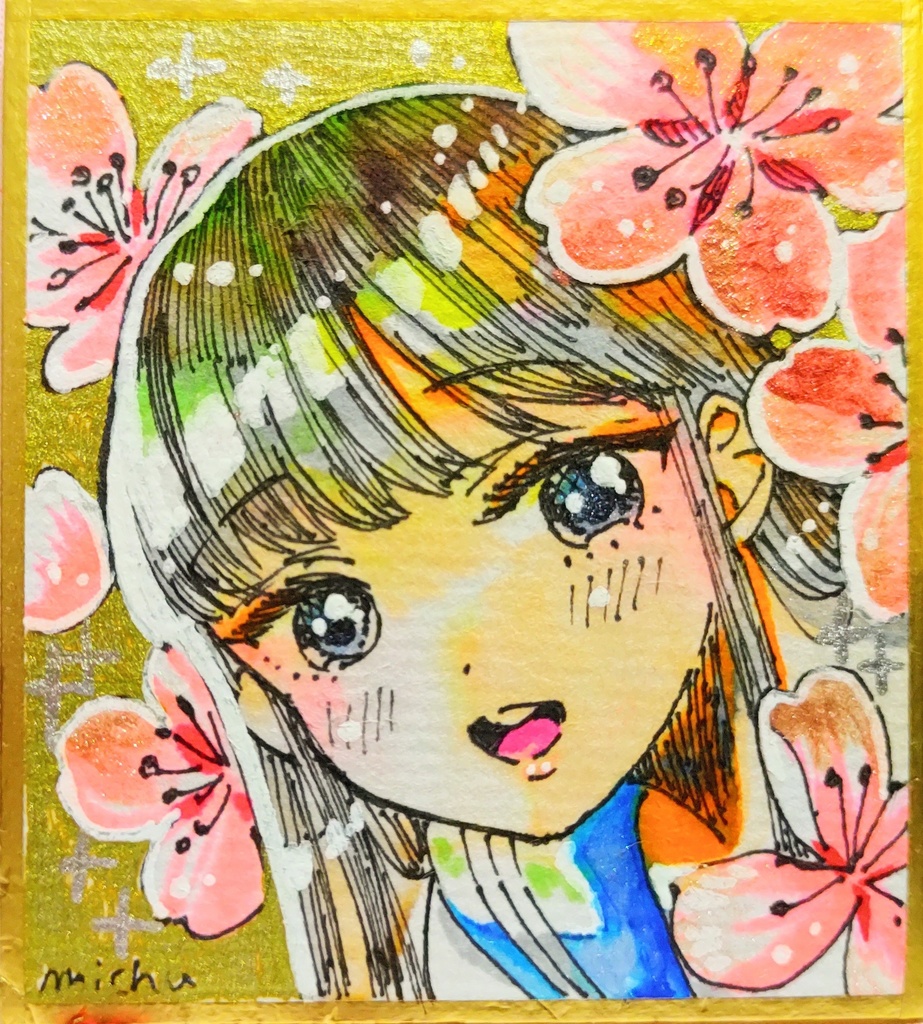 ご成約済「桜とセーラー少女」【ペン画水彩】