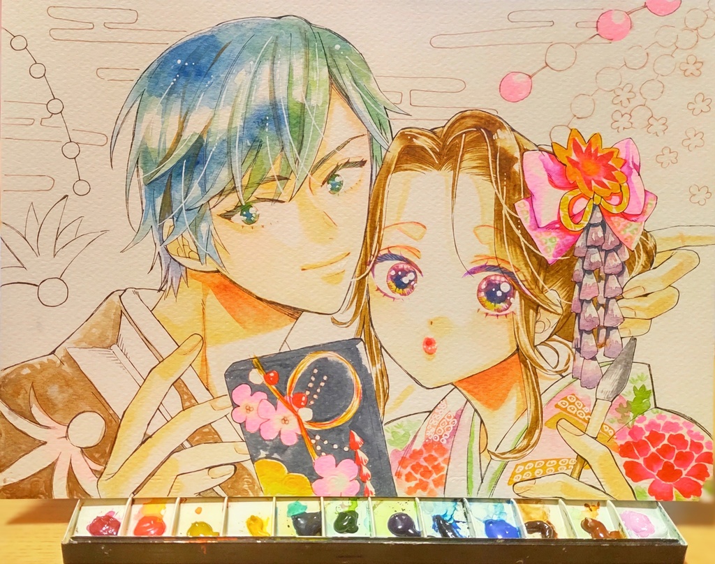 ご成約済【水彩】新春着物カップル【原画色紙】
