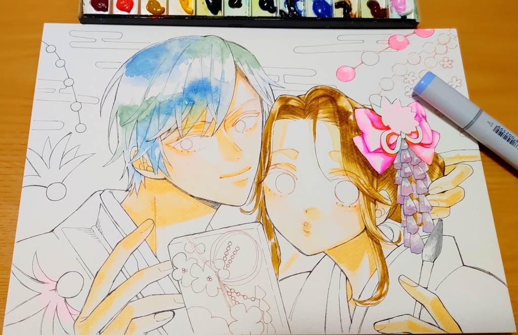 ご成約済【水彩】新春着物カップル【原画色紙】