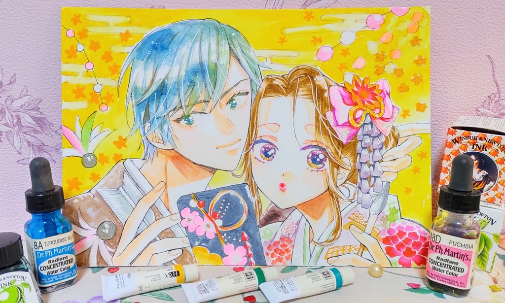 ご成約済【水彩】新春着物カップル【原画色紙】