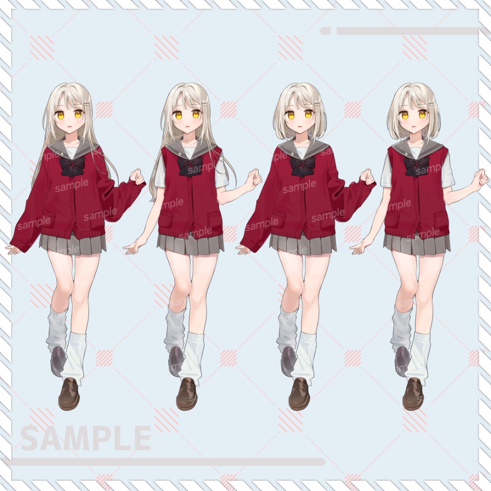 【TRPG立ち絵セット1_赤カーディガン制服差分】女性 少女 男の娘 白髪ロング ボブ 制服 学生
