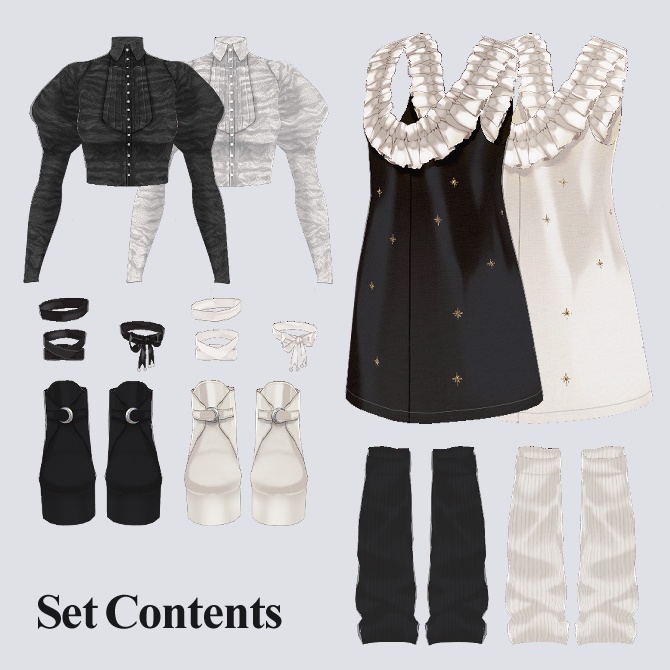 【5点セット】黒白2色ワンピースセット(Black and white dress set)【Vroid 衣装】