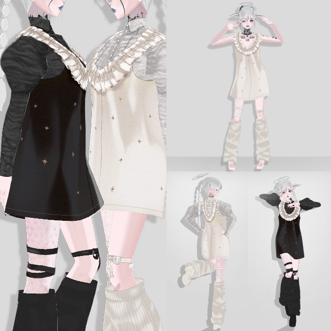 【5点セット】黒白2色ワンピースセット(Black and white dress set)【Vroid 衣装】
