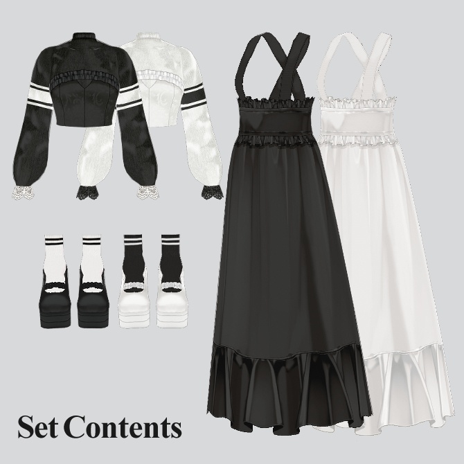 【4点セット】スポーツミックス黒白ワンピースセット(Sports mix dress set)【Vroid 衣装】