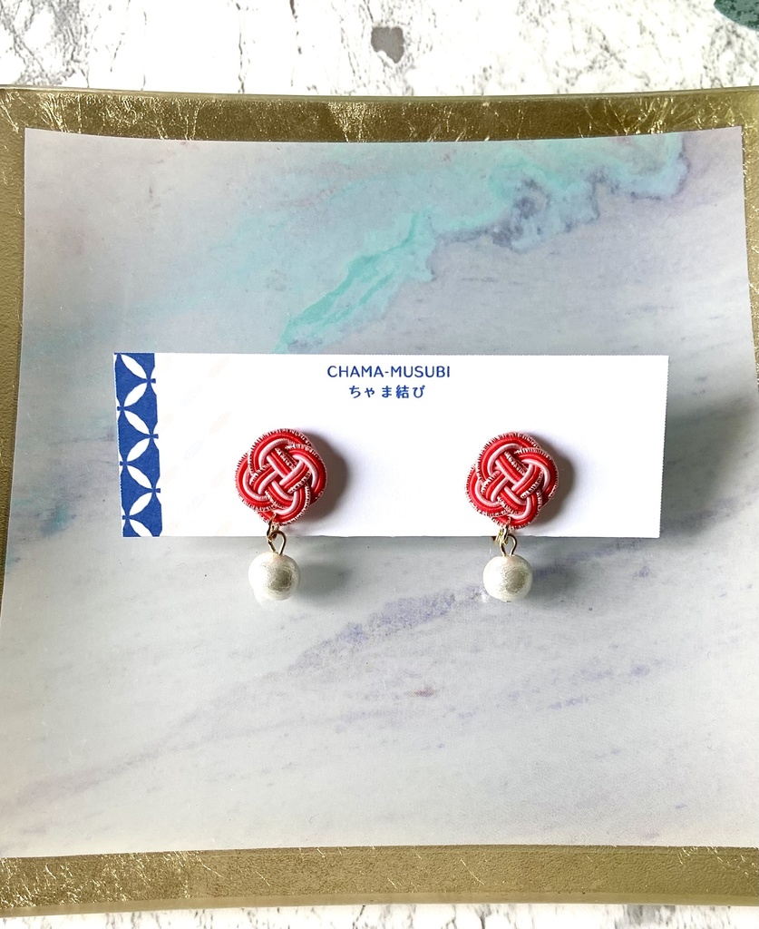水引　コットンパール　イヤリング　赤