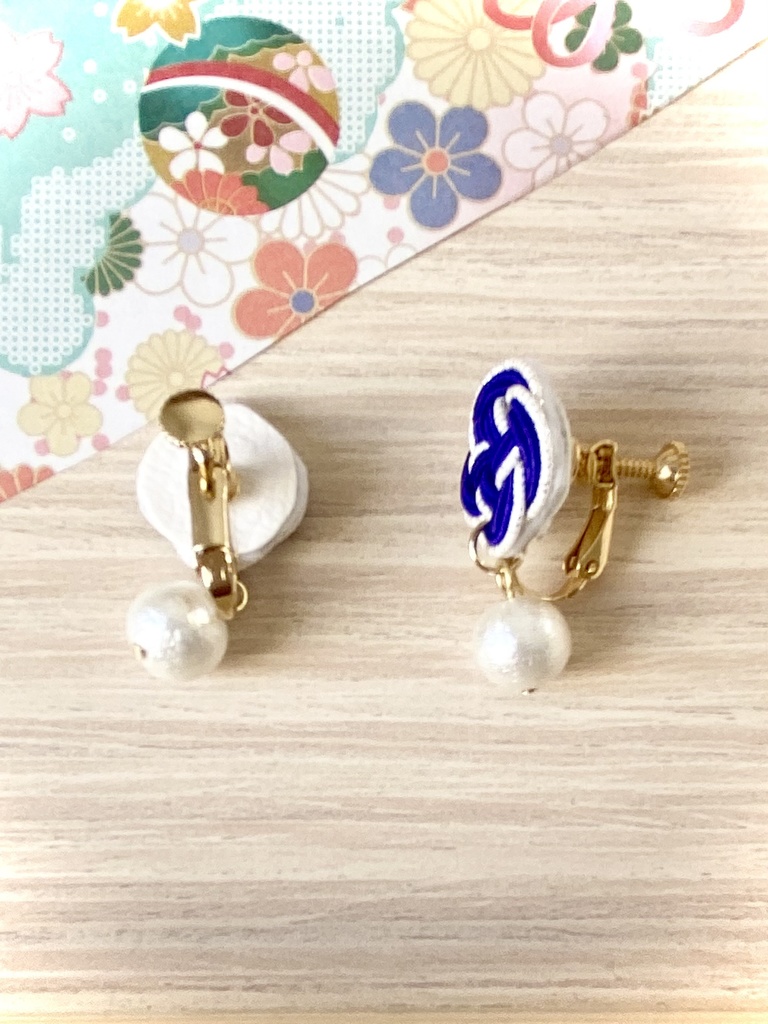 水引 コットンパール イヤリング ピアス 青