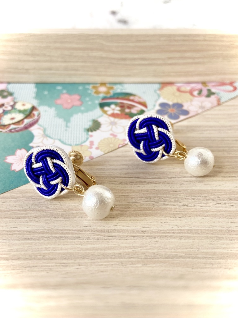 水引 コットンパール イヤリング ピアス 青