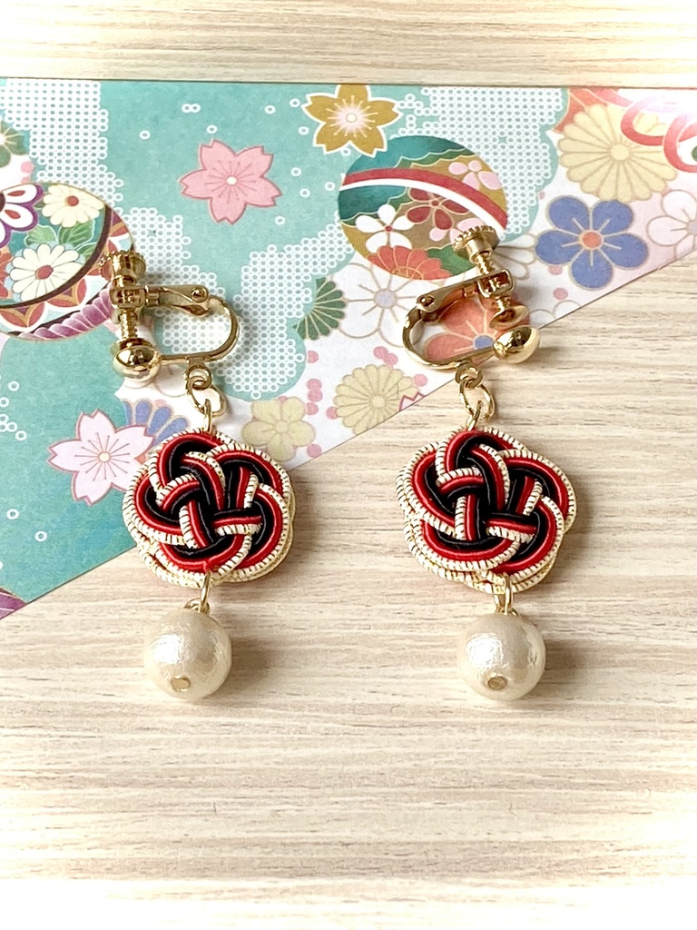 水引 コットンパール イヤリング ピアス 紅緋(朱色) 赤黒 若竹(薄緑)