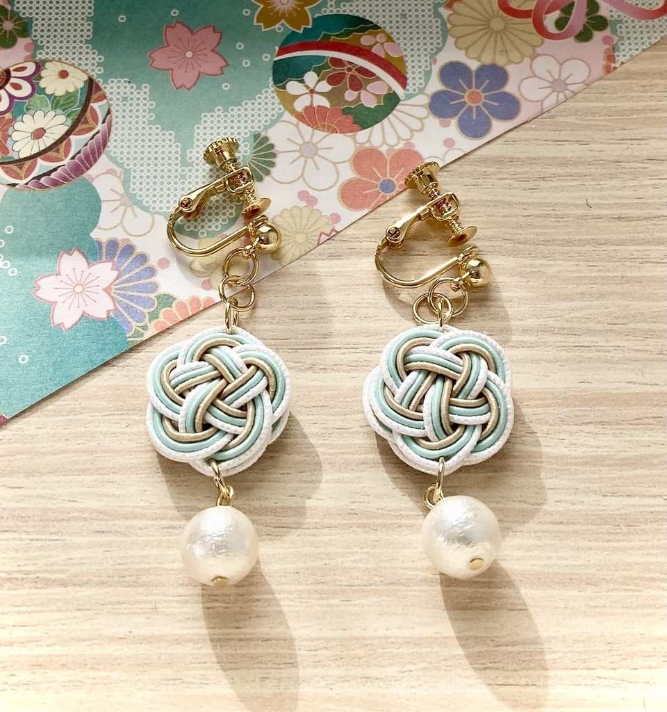 水引 コットンパール イヤリング ピアス 紅緋(朱色) 赤黒 若竹(薄緑)
