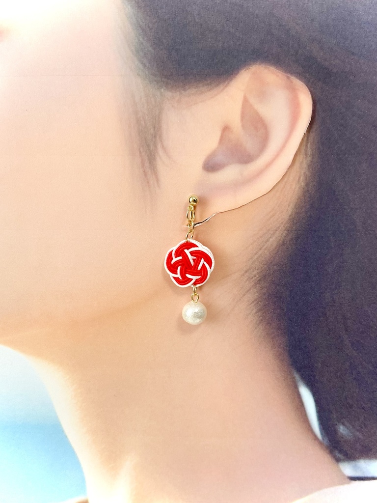 水引 コットンパール イヤリング ピアス 紅緋(朱色) 赤黒 若竹(薄緑)