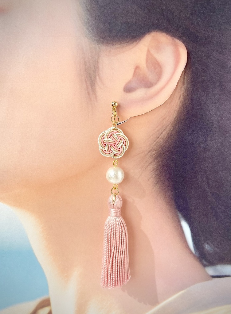 水引 コットン《セール》パール イヤリング ピアス くすみピンク