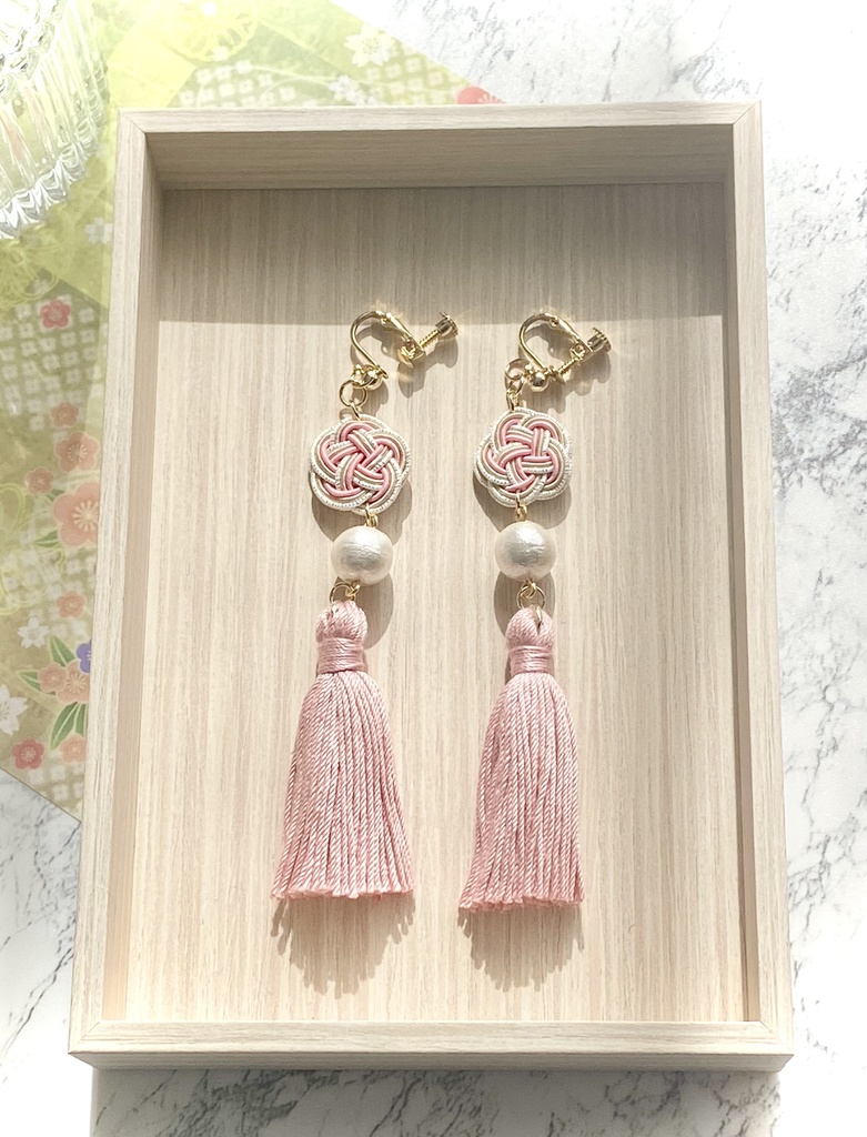 水引 コットン《セール》パール イヤリング ピアス くすみピンク