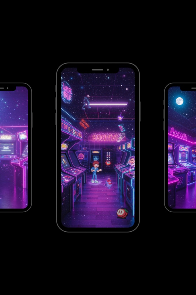 【スマホ壁紙】Moonlight Arcade｜月夜のレトロゲーム空間（4枚セット）