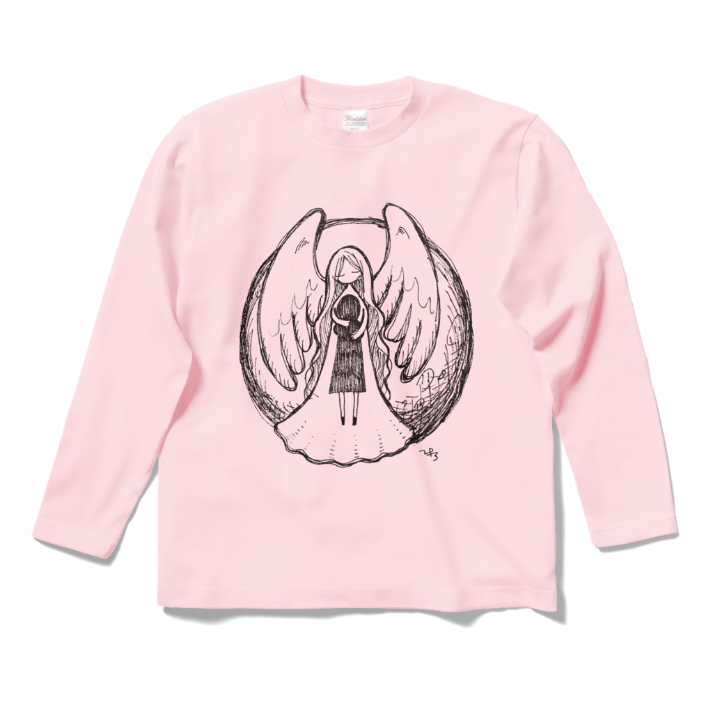 満月と天使ロングスリーブTシャツ-ライトピンク