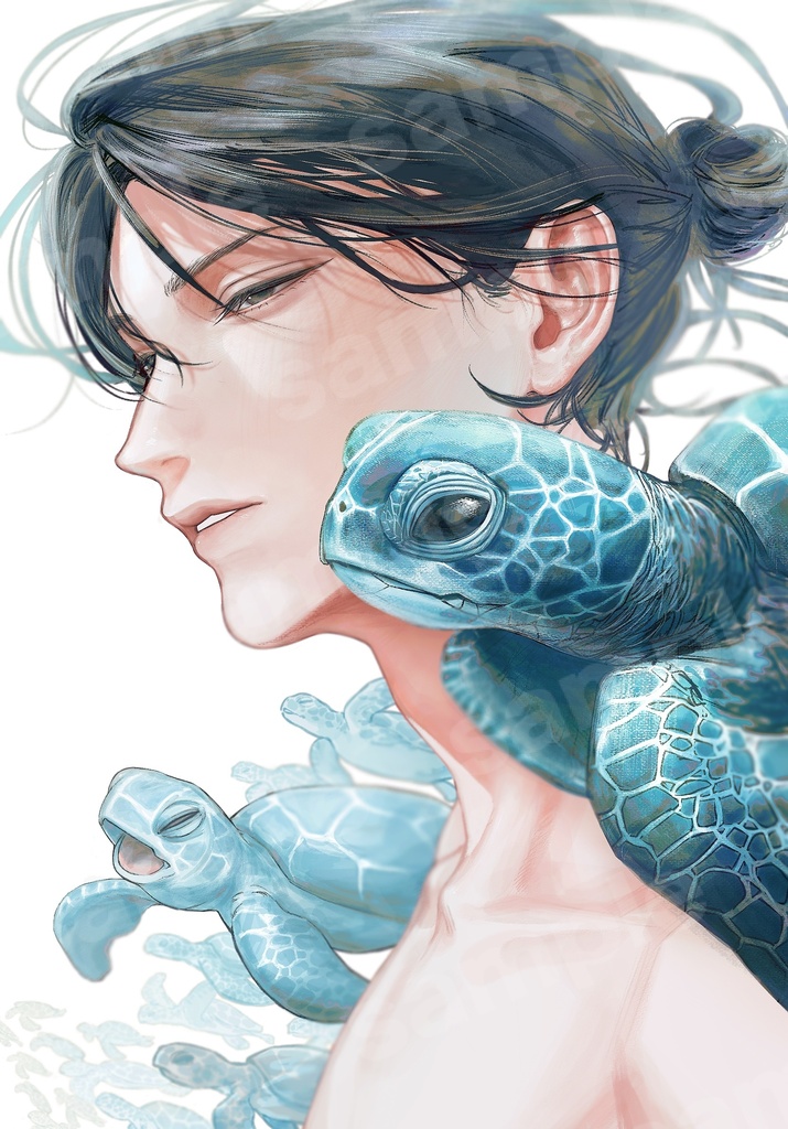 【非独占ライセンス】ウミガメと青年｜一枚絵・商用利用可