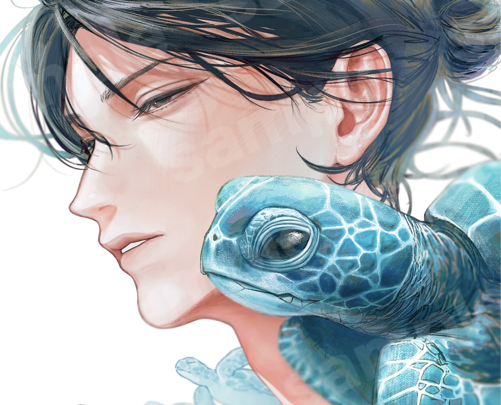 【非独占ライセンス】ウミガメと青年|一枚絵・商用利用可