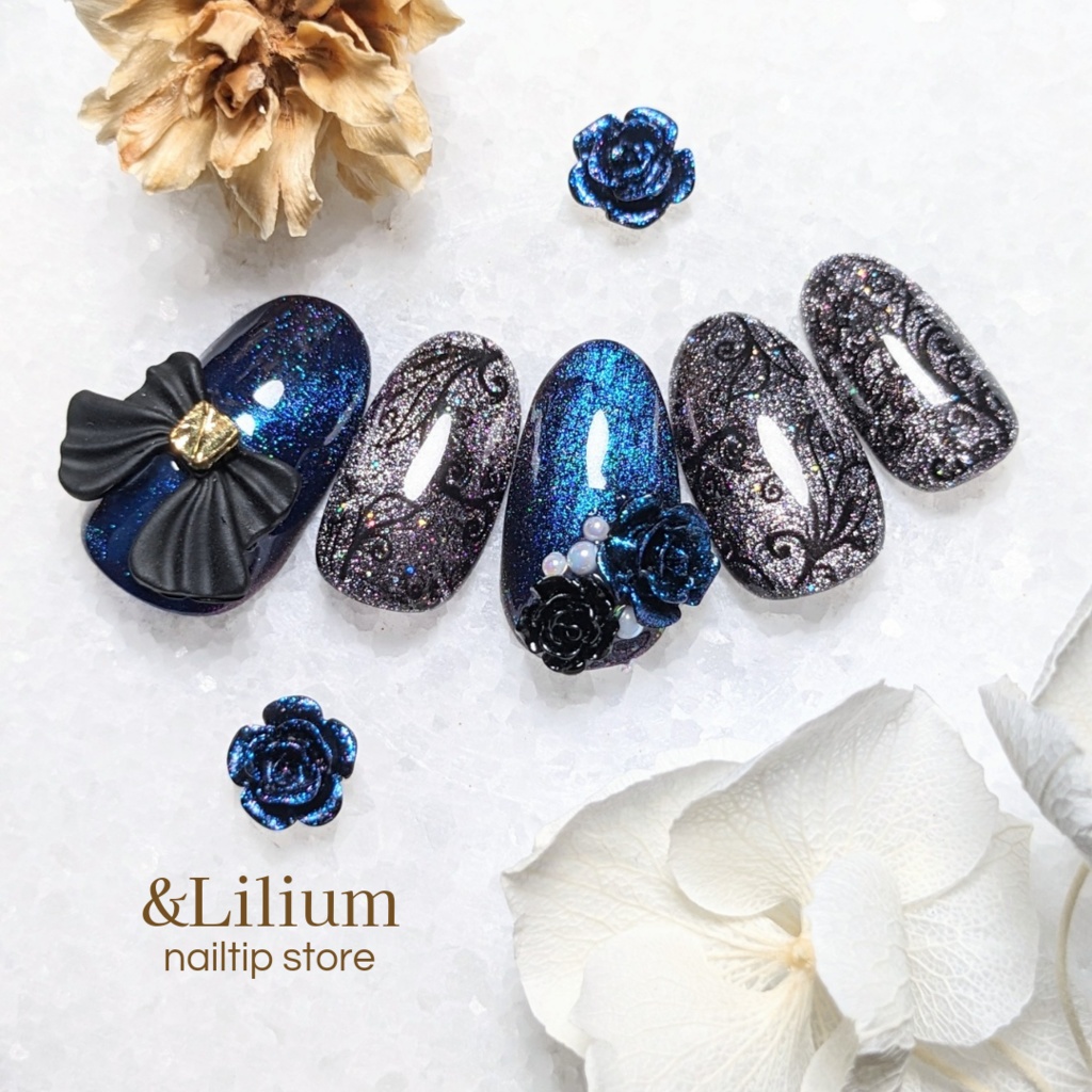 【青】リボンと薔薇の黒レースネイルチップ