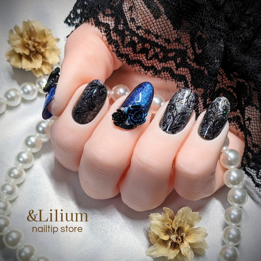 【青】リボンと薔薇の黒レースネイルチップ
