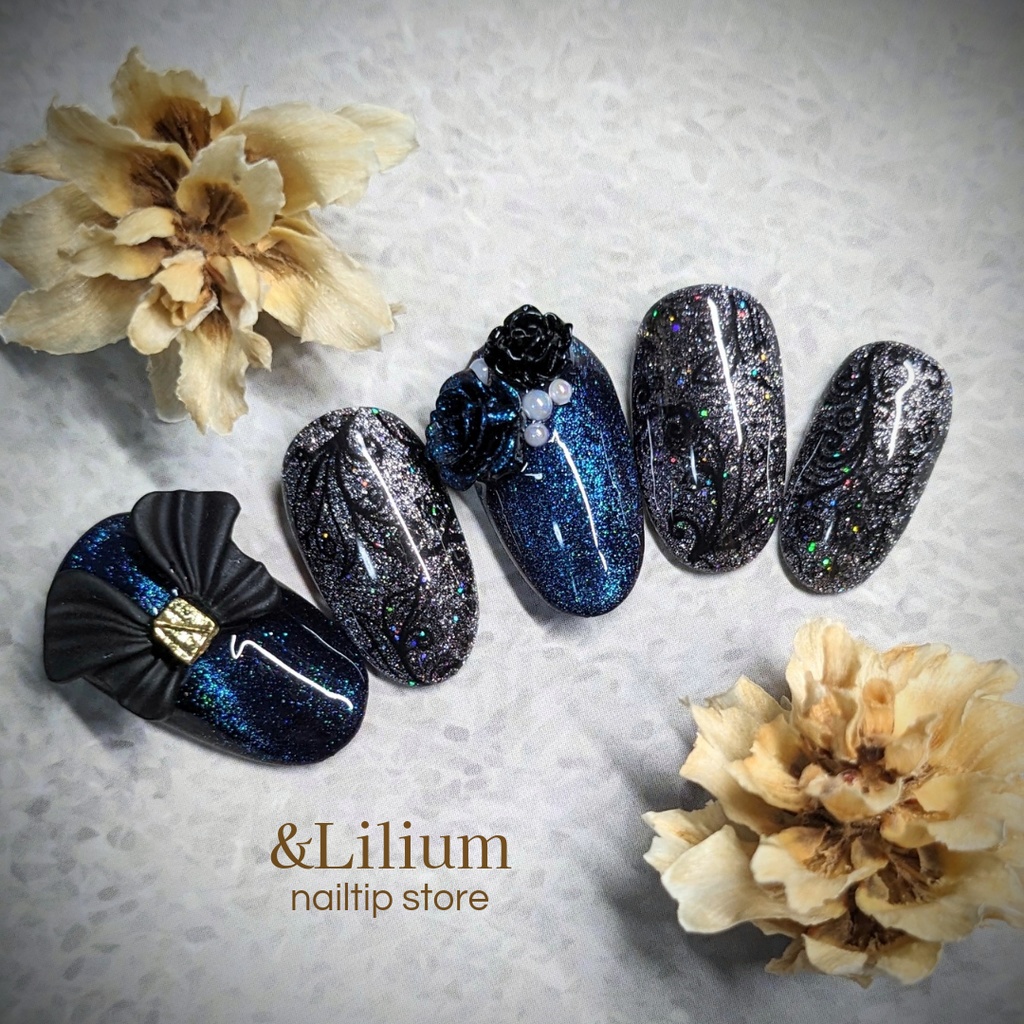 【青】リボンと薔薇の黒レースネイルチップ