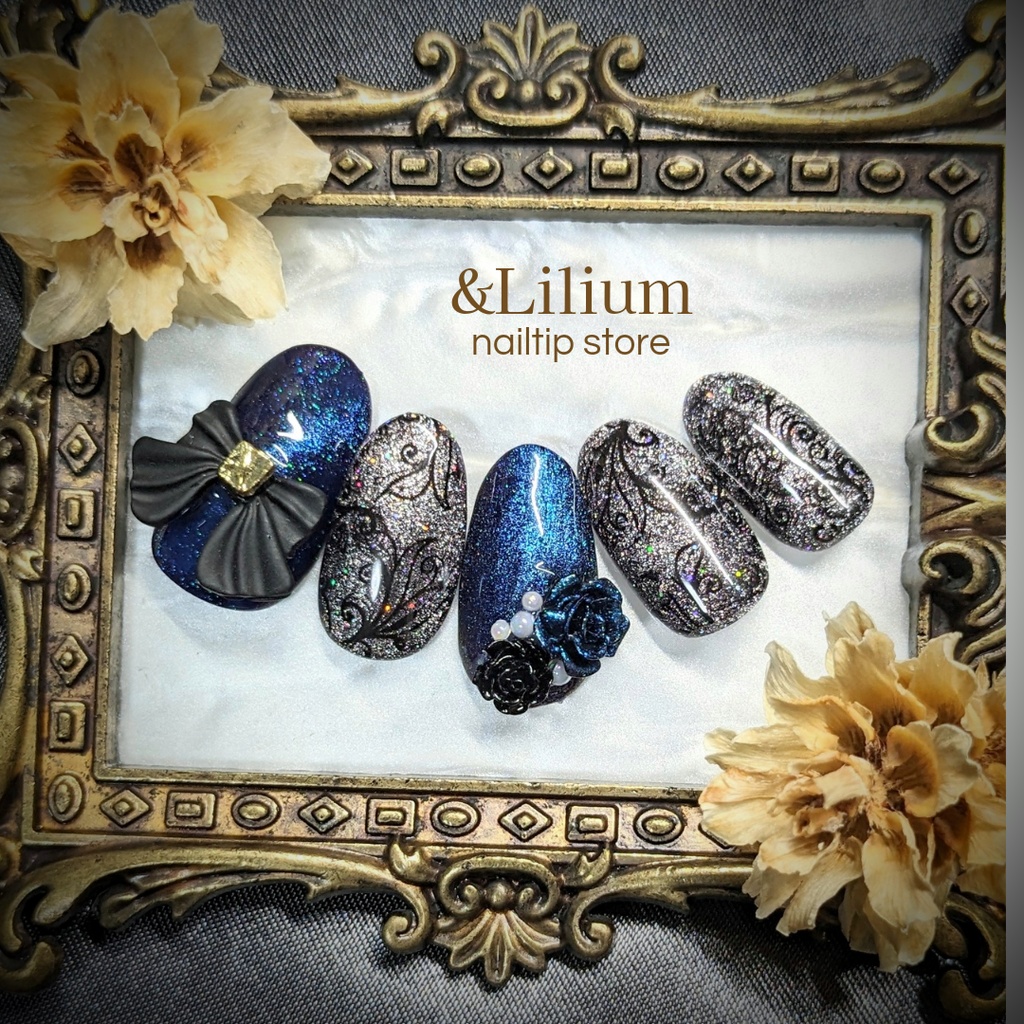 【青】リボンと薔薇の黒レースネイルチップ