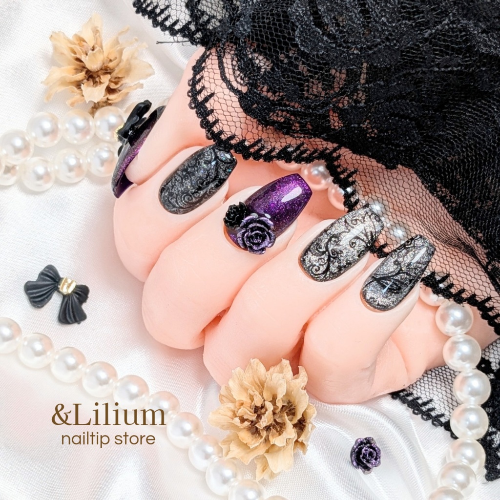 【紫】リボンと薔薇の黒レースネイルチップ
