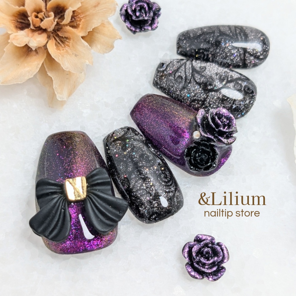 【紫】リボンと薔薇の黒レースネイルチップ