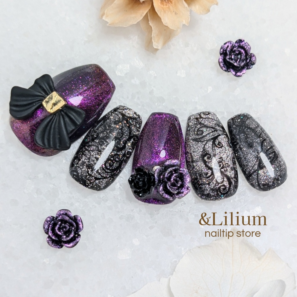 【紫】リボンと薔薇の黒レースネイルチップ