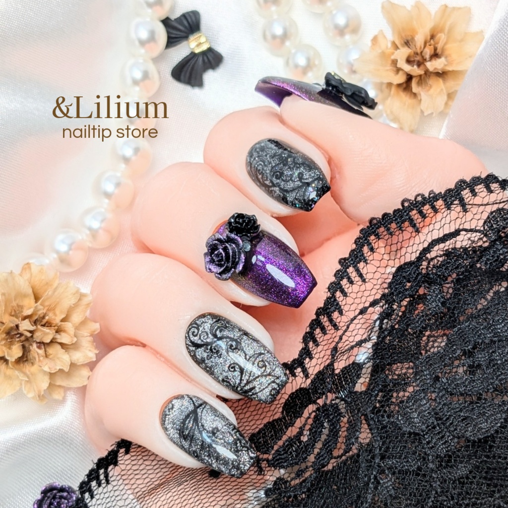 【紫】リボンと薔薇の黒レースネイルチップ