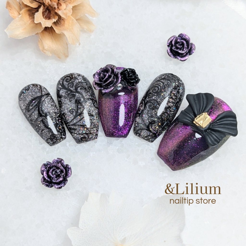 【紫】リボンと薔薇の黒レースネイルチップ