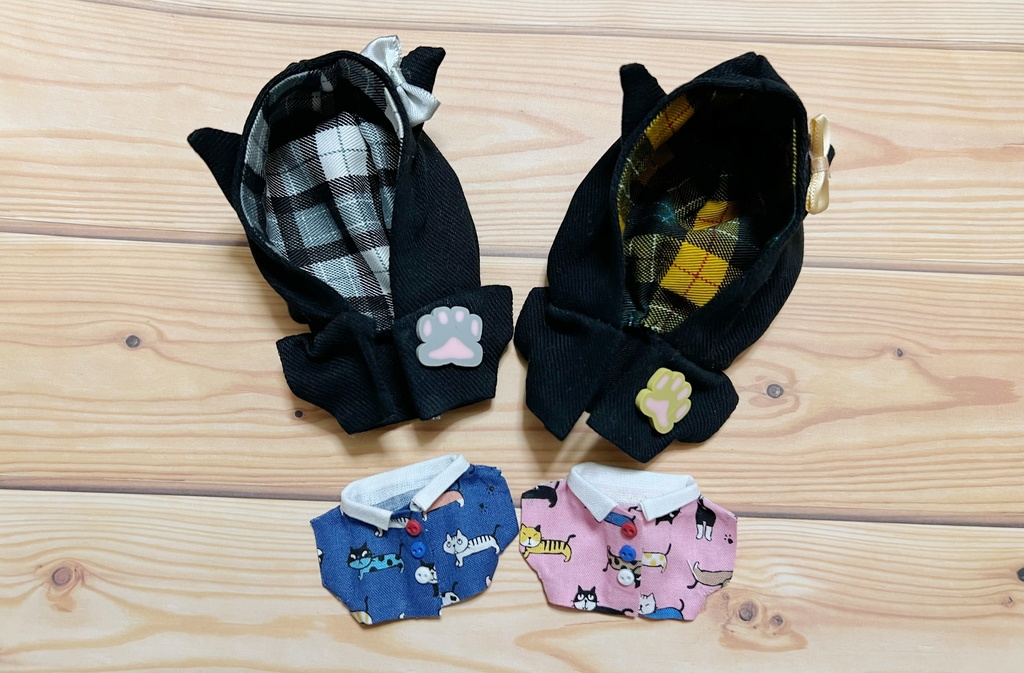 10～12cm ぬい用 猫耳パーカー&猫柄シャツセット