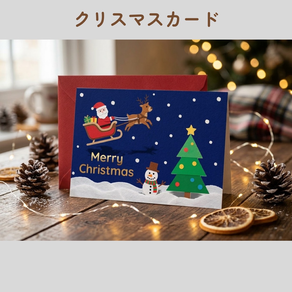 ペーパークラフト風サンタとトナカイのデジタルクリスマスカード