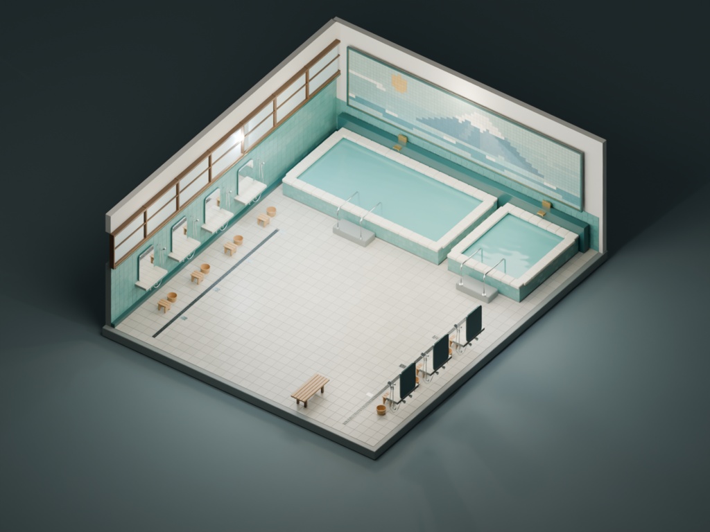 【FBX】銭湯の浴室内装|富士山タイル壁画・浴槽・洗い場付き 3Dモデル