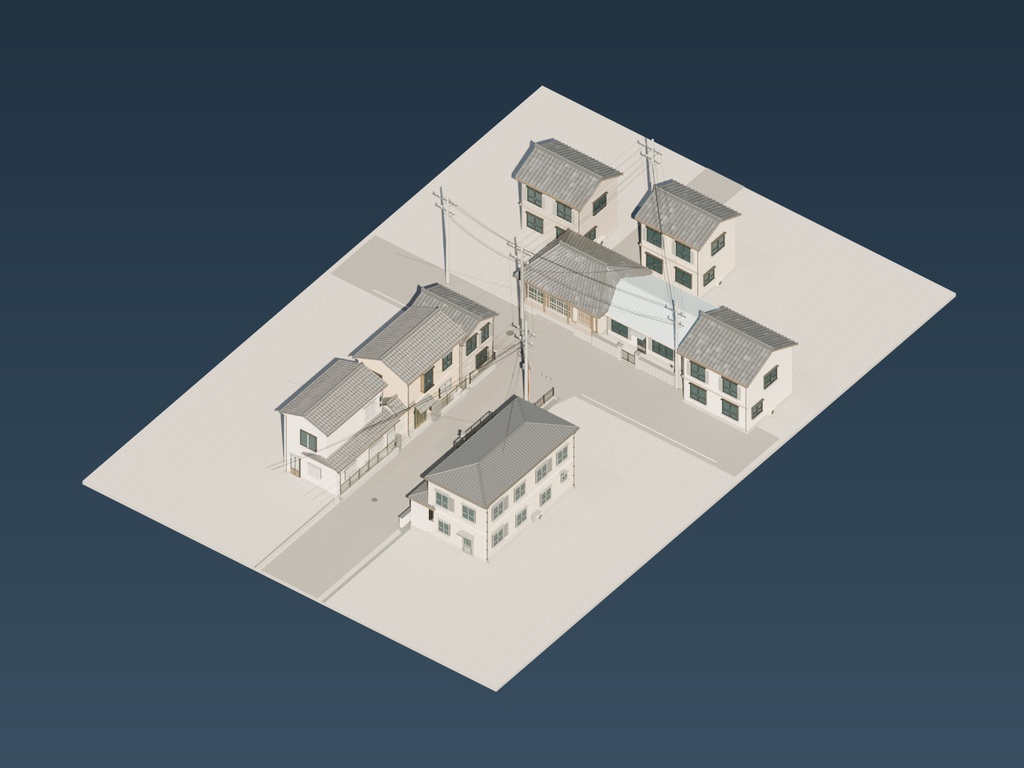 【FBX】住宅街02|瓦屋根と路地の3D背景モデル