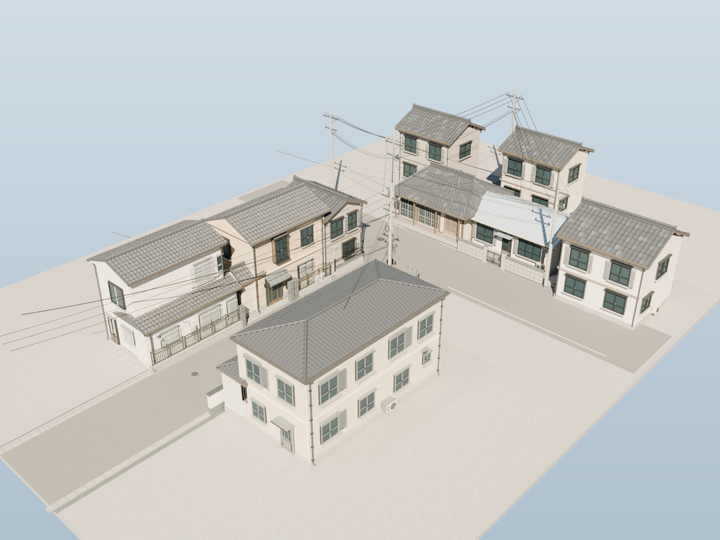 【FBX】住宅街02|瓦屋根と路地の3D背景モデル