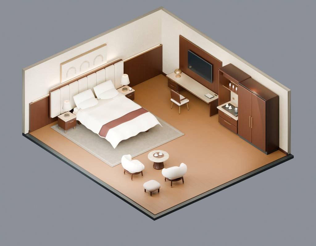 【FBX】ホテル客室|モダンなホテル内装・背景用3Dモデル