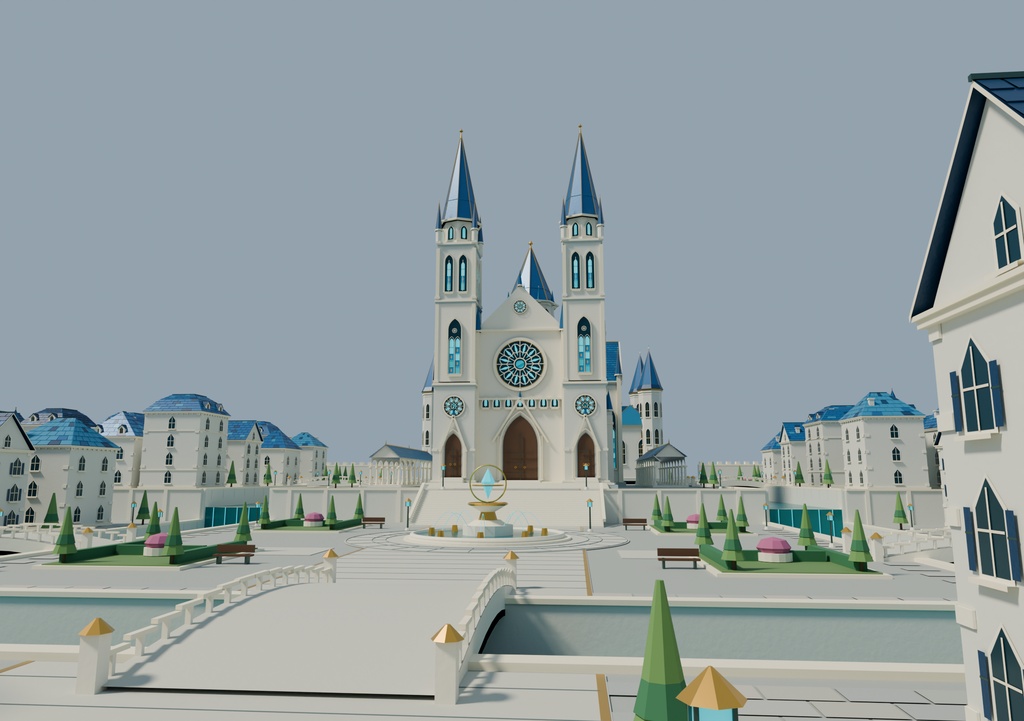 【3D背景】王都アウレリア|白い石造りと青い屋根のファンタジー都市【FBX / blend・商用利用可】