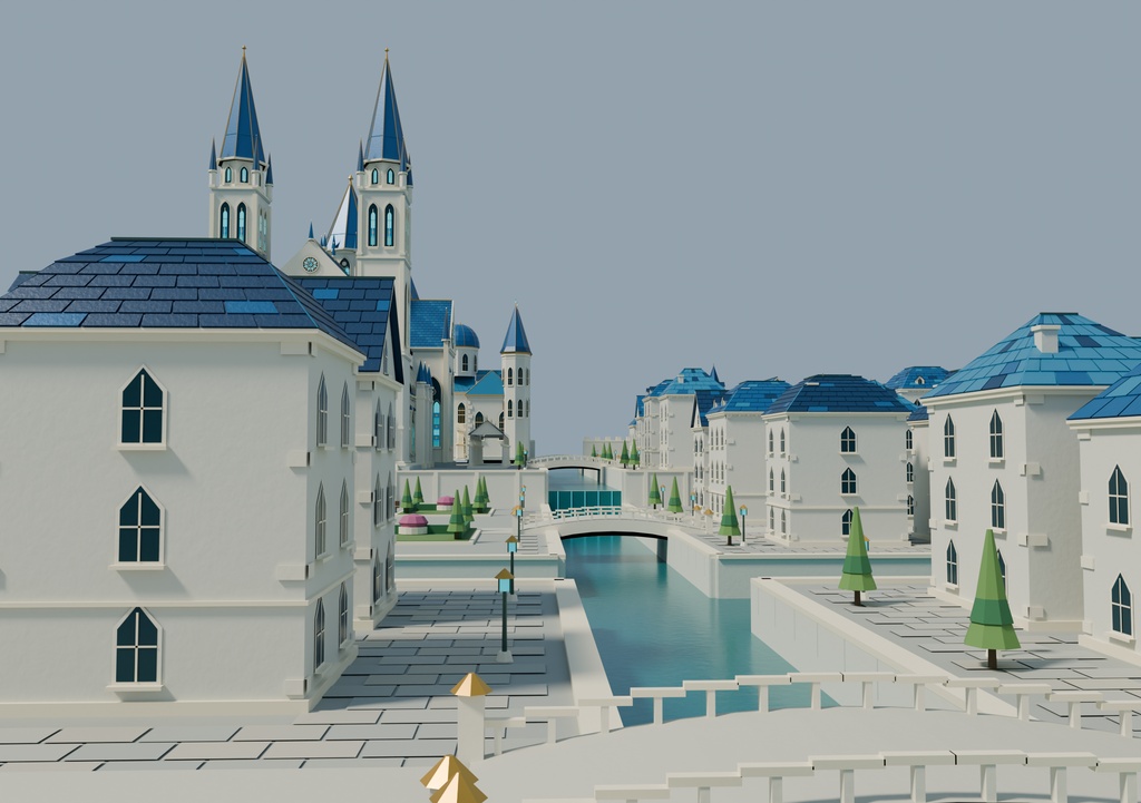 【3D背景】王都アウレリア|白い石造りと青い屋根のファンタジー都市【FBX / blend・商用利用可】